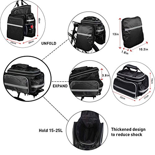 HSTYAIG Bike Bag Bicycle Pannier Waterproof Multi-Function Excursion Cycling Bicycle Bike Rear Seat Trunk Bag Carrying Luggage Package Rack Panniers with Rainproof Cover (Black) - Thumbnail 5