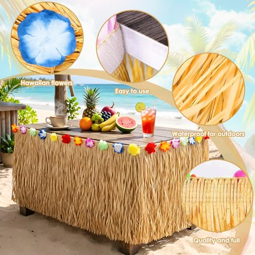 UgyDuky 2Pcs Hawaiian Party Decorations Luau Grass Table Skirt, Luau Party Decorations Natural Raffia Table Skirt with Colorful Hibiscus Flowers for Tropical Tiki Bar Beach Birthday Party (Yellow) by UgyDuky - Used condition - Image 3