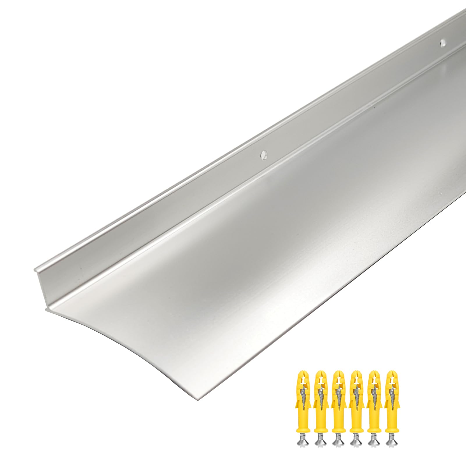 Protector contra goteo de lluvia de aluminio para puertas y ventanas exteriores, de 43,3”, con borde de goteo, desviador, anodizado, 1 pieza, color plateado