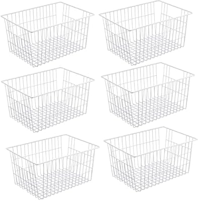 Redrubbit Metal Wire Stroage Baskets, Large Freezer Refrigerator Organizer Bins, Home Office Shelf Freezer Storage, Closets Organization Rack with Handles, Set of 6, White