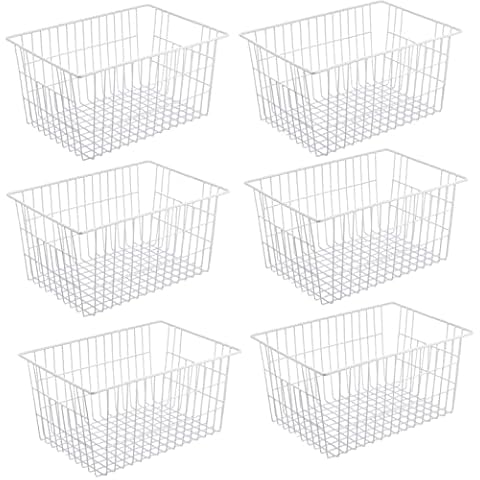 Redrubbit Metal Wire Stroage Baskets, Large Freezer Refrigerator Organizer Bins, Home Office Shelf Freezer Storage, Closets Organization Rack with Handles, Set of 6, White Cover