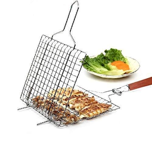 BLUE SPACE Portable Stainless Steel Grill Baskets with Wooden Handle, Perfect BBQ Grilling Cookware for Indoor and Outdoor Cooking