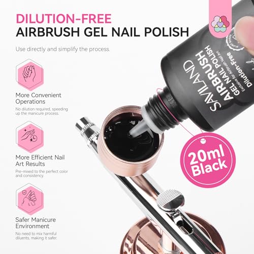 Image of SAVILAND Plus Airbrush Gel Nail Polish Dilution-free: 20 ml Black Non-Acetone Polish Gel for Airbrush Low Odor No Clogging Airbrush Paint for Nails for Ombre Gradients Stencils Pattern French Nail Art