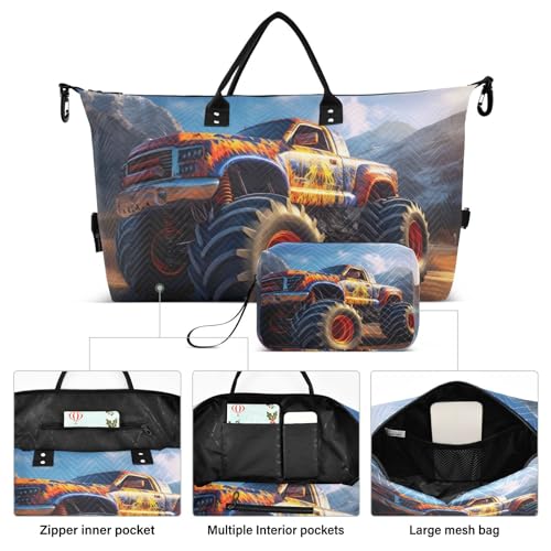 Large Travel Duffel Bag, Orange Truck Sports Tote Gym Bag, Shoulder Weekender Overnight Bag for Women Men, Carry On Luggage with Toiletry Bags2