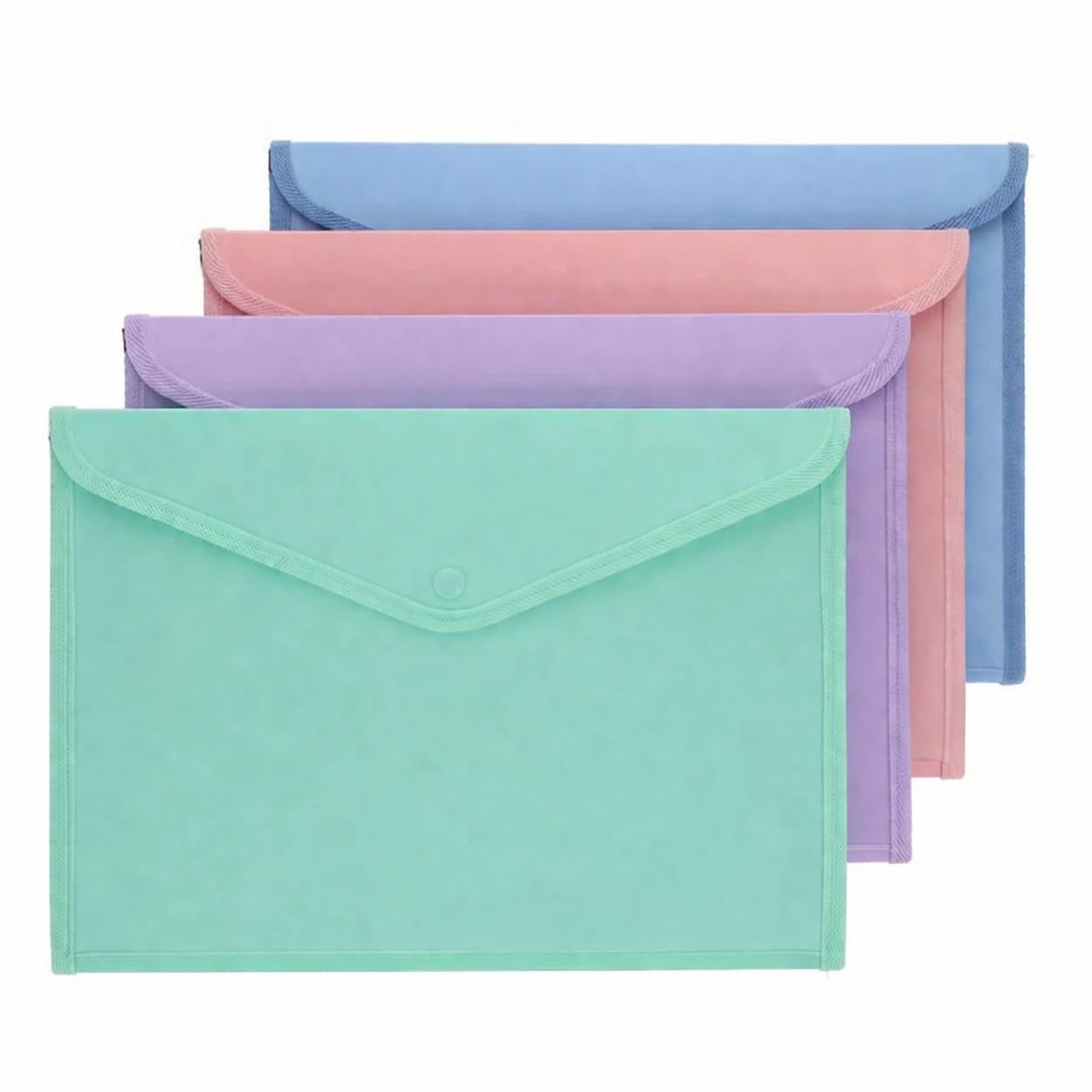 Pack of 4 - A4 Plastic Document Popper Wallets for Office, School, Project Button Wallets