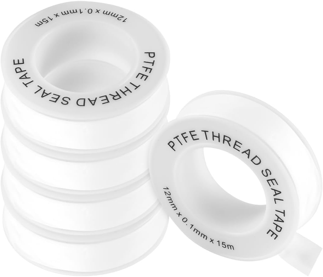 5-Pack PTFE Thread Seal Tape - 12mm x 15m Professional Grade Plumbers Tape, Leak Prevention Sealant Tool for Pipe Fittings, Shower Heads & Plumbing Connections (0.1mm Thickness)