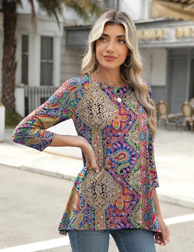 LOMON 3/4 Sleeve Tunic Tops for Women Loose Fit Dressy Casual Blouse Flowy Shirts to Wear with Leggings S-3XL