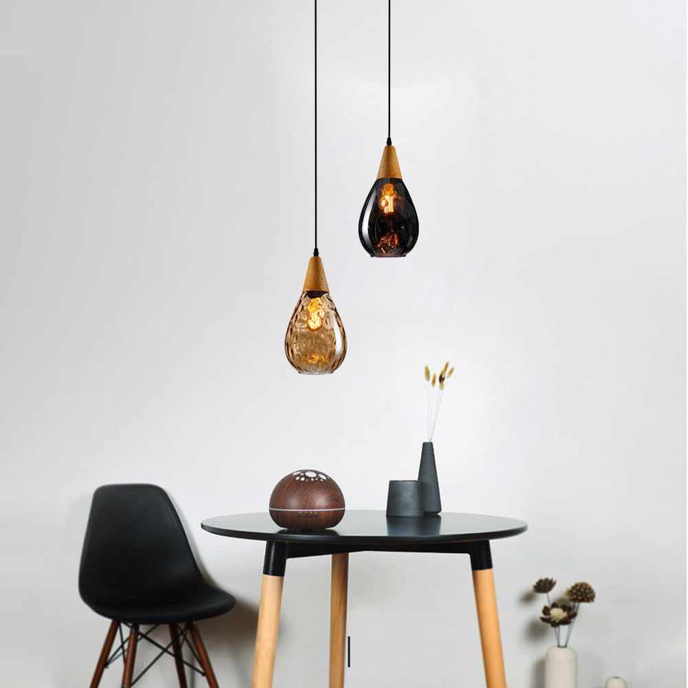 Genérico Lámpara Colgante en Forma de lágrima con Cristal Martillado, Detalles en Madera, Casquillo E27, Color ámbar.