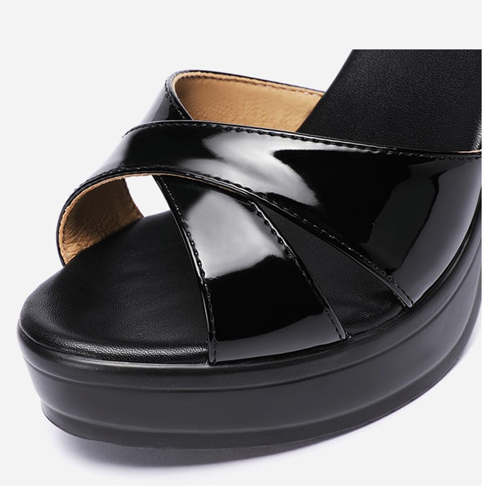 Sandali Donna con Plateau, Tacco Alto 10 cm, Cinturino alla Caviglia, Vernice Nera, Eleganti e Casual con Lacci Sandali col Tacco
