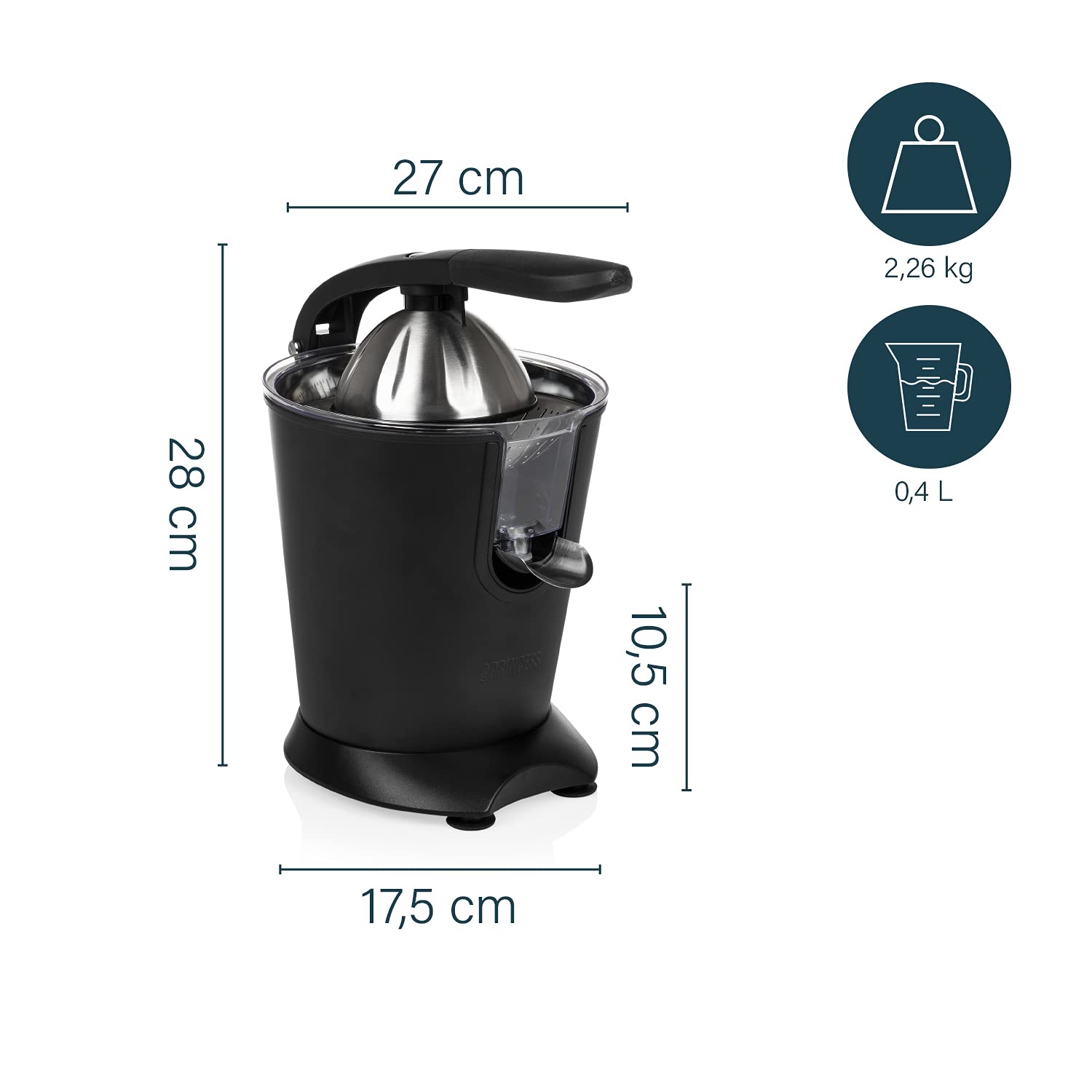 Princess Spremiagrumi Acciaio Black, 160 watt, Acciaio inossidabile, Professionale, Nero