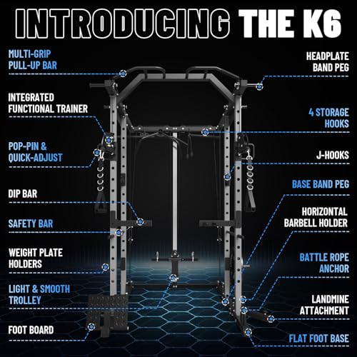 ER KANG Power Cage, 1500LBS Power Rack Cage with Cable Crossover System, Multi-Function Workout Weight Cage with J-Hooks, Band Pegs, Battle Rope Ring Home Gym(Silver Power Cage Only)