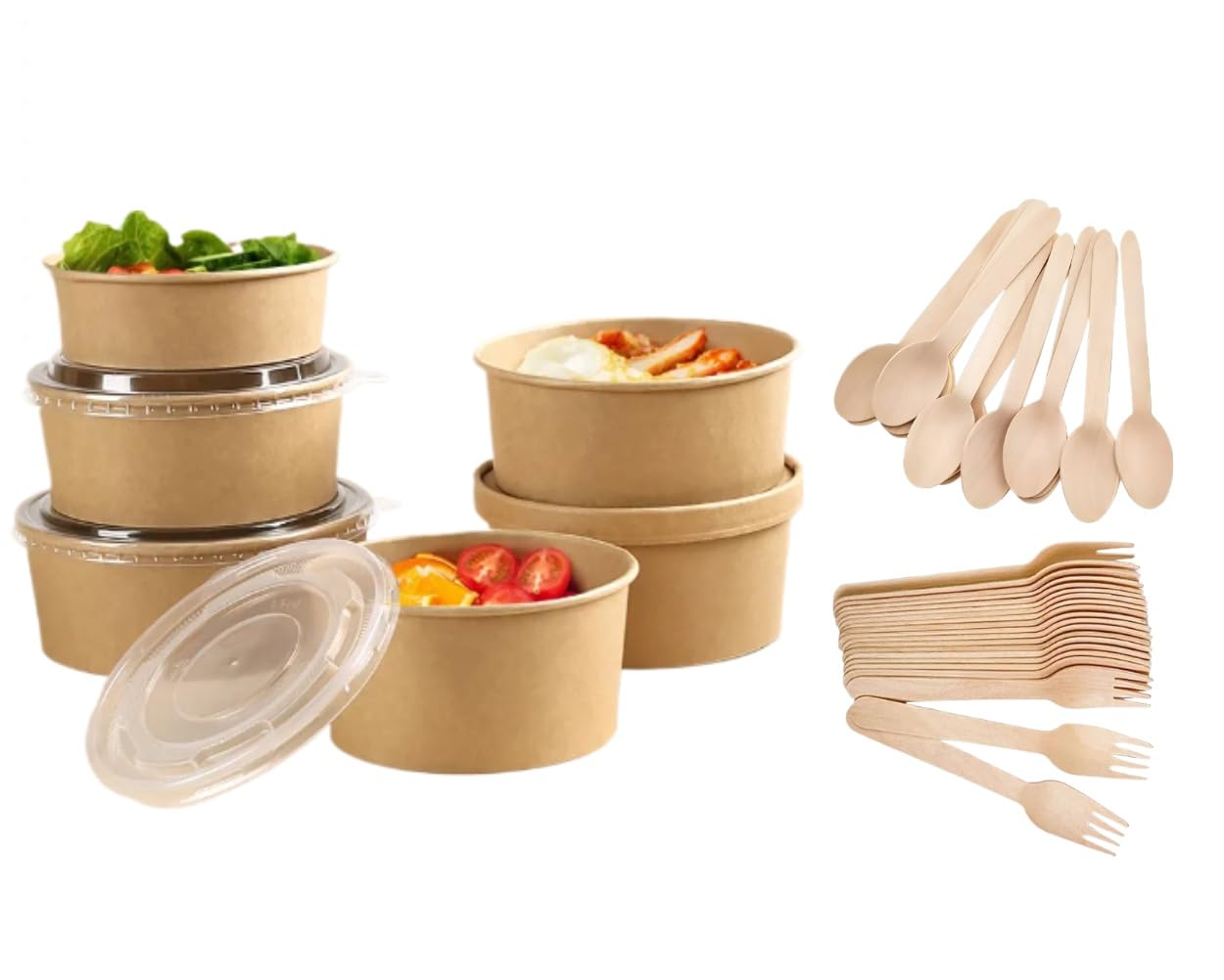 HOT BARGAINS 100 X 38oz Disposable Salad Bowls with Lids + 100 X Forks + 100 X Spoons Wooden Takeaway Eco Friendly (38oz / 1100ml)