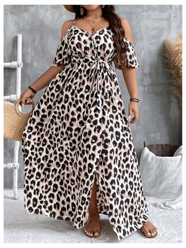 Image of Floerns Women's Plus Size Cold Shoulder Short Sleeve Split Thigh Long Dress