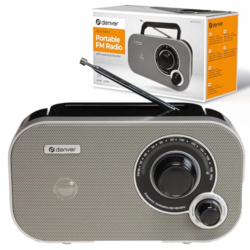 Radio Denver TR-51GREY con sintonización analógica FM. Se puede utilizar con corriente o pilas.