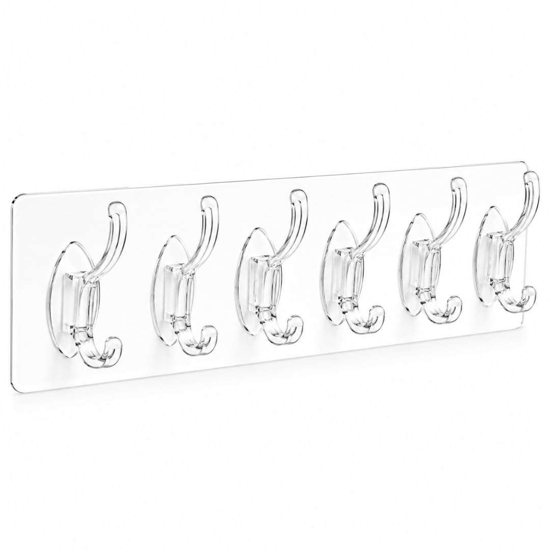 Self Adhesive Wall Hanger with 6 Hooks, Transparent (Pack of 1) | Heavy duty transparent hook strip with strong adhesive. No drilling for towels, keys, kitchen, bathroom & home use.-image-42