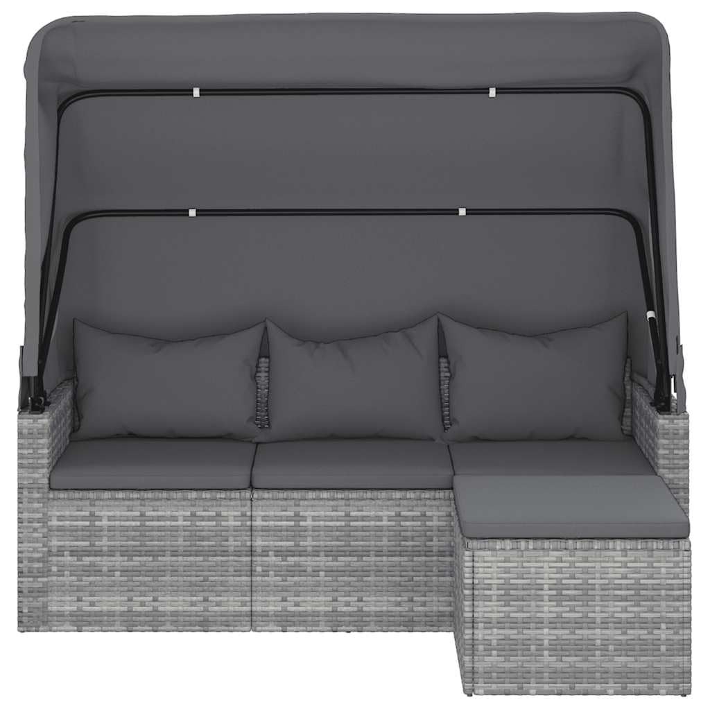 vidaXL Gartensofa 3 Sitzer, Sofa mit faltbaren Dach, Couch mit Fußhocker, Relaxsofa Dreisitzer Terrassensofa Gartenmöbel, Grau Poly Rattan