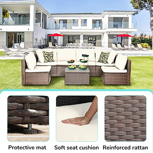 Image of PayLessHere Patio Furniture Set 7 Pieces Outdoor Furniture Wicker Conversation Set Sectional Sofa and Coffee Table Wicker Patio Conversation Sets for Backyard Porch Balcony Poolside,Khaki Cushion