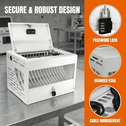 Image of 16 Unit Laptop Charging Station, Locking Charging Cabinet with Interior Steel Dividers & Power Strip, Metal Charging Organizer with Dual Installation Options for Classroom & Office, White
