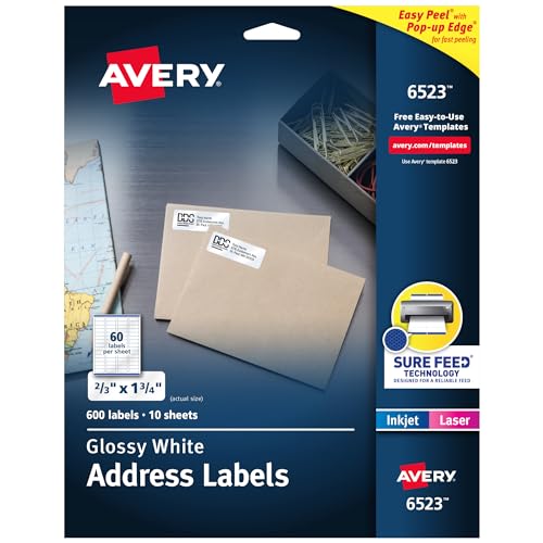 Étiquette adresse de retour Avery 6523 blanche brillante pour imprimante laser jet d'encre