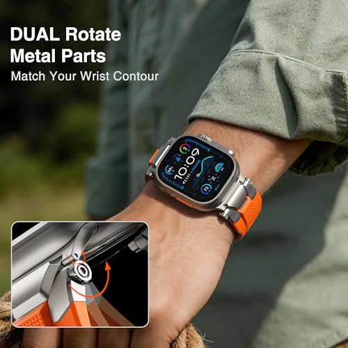 Image of ULTIMAL Rugged Band for Apple Watch Ultra 3 /2 /1 49mm, Series 11 /10 /9 /8 /7 /6 /5 /4 SE 46mm /45mm /44mm, Waterproof, Soft TPU Strap with Stainless Steel Buckle & Connectors, Sweat-Resistant, Easy to Clean, Fits 155-225mm Wrist (Titanium /Orange)