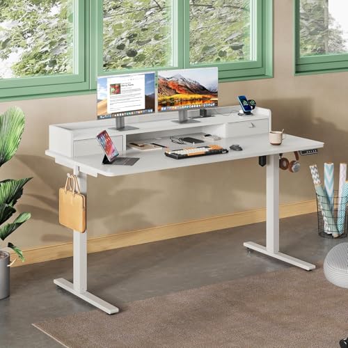 Image of DEVAISE 55 Inch Electric Standing Desk with Shelf, Adjustable Computer Desk for Home Office, with LED Touchscreen, Headphone Hook, 3 Memory Preset, with One-Piece Desktop, White