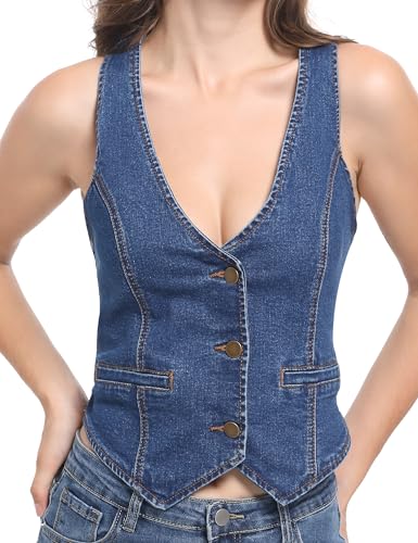 Foucome Womens Denim Vest Button Up V Neck Cropped Jean Vest Top4