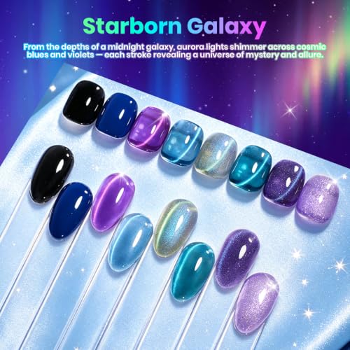 Image of Beetles Cat Eye Gel Polish Set, 8 Colors Magnetic Galaxy Blue Purple Gel Nail Polish with Magnet, Soak Off UV LED Manicure, Starborn Galaxy Aurora Shimmer Shades for Party Gifts