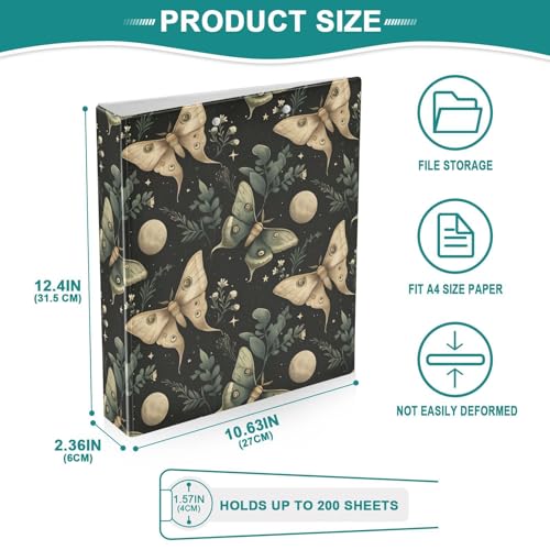 Image of Moon Moth Green Boho 3 Ring Binder with 2 Interior Pockets 1.5 inch Binders 3 Ring Heavy Duty Fit 8.5 inch x 11 inch Letter Size for Office School, 2 Pack