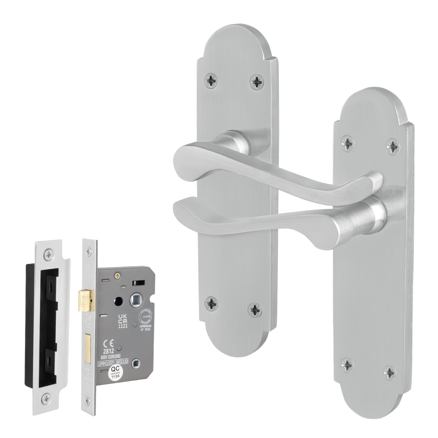 EAI Satin Bathroom Door Handle Set, 1 Pair Internal Satin Chrome Victorian Scroll Shaped Backplate Handle and Lock 64mm
