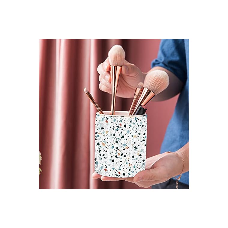 LEAZUL Pen Holder, Makeup Brush Holder Ceramic Shiny Gold Terrazzo Marble Stone Pattern Pencil Cup for Girls Kids Women Durable Stand Desk Organizer Storage Gift for Office, Classroom, Home Light Blue - Image 5