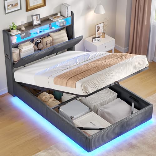 AOGLLATI Lit Coffre 90×200 avec LED RVB à 360° et Multiprise, Lit 1 Personne avec Tête de Lit Capitonné et Rangement Caché,Cadre de Lit 90x200 avec...