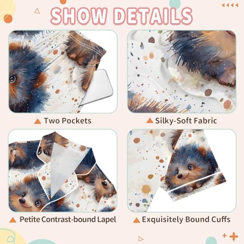senya Cute Hedgehog Watercolor Satin Summer Pajama Sets Silk Short Sleeve Button Down Sleepwear3