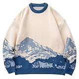 Yimoon Men Sweaters Oversized Graphic Casual Cable Knitted Jumper Pullover Cute Unisex Crewneck Retro Couple Tops (Blue, Medium)