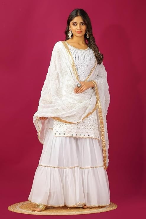 Image of Women's Designer Chinon Silk Sharara Suit Set, Sequence Embroidery Kurti with Tiered Sharara and Dupatta