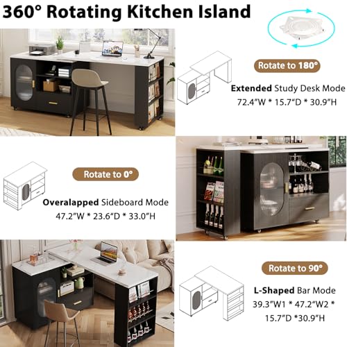 Image of HSH Rolling Kitchen Island with Seating & Storage with Wheels, White Marble | 72 inch Portable Island Table, 360 Swivel & Extendable White Faux Marble Top, Mobile Island Cart With Drawer Shelves For Kitchen