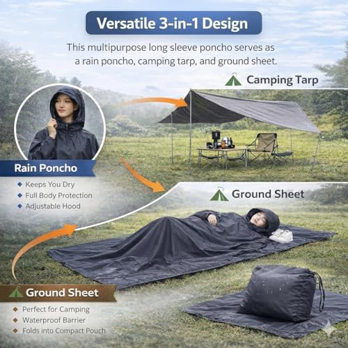 Image of ROCKSPORT Ultralite 3 in 1 Outdoor Hooded Rain Poncho for Adult Unisex, Riding Poncho & Full Cover Waterproof Design, Lightweight & Reusable, One Size Fits Most