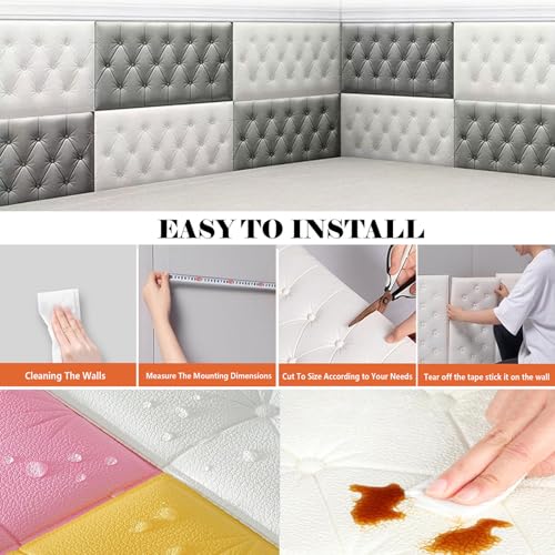 Acolchado de pared 3D para dormitorio, 6 paneles de cojín autoadhesivos de 30x60 cm 4