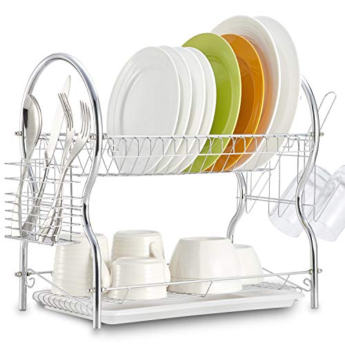 Dish Drying Rack, 2 Tier Dish Rack Kitchen Organizer with Drain Board, Chrome