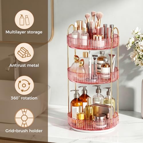 Image of 360 Rotating Makeup Organizer, Upgraded 3 Tier Skincare Perfume Organizers for Women, Bathroom Organizer Countertop, Clear Cosmetic Dresser Organizer with Makeup Brush Holder Counter(Clear Pink)