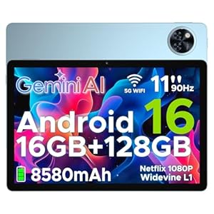 DOOGEE U11 Android 16 Tablet 11 Zoll Gemini AI 16GB RAM +128GB ROM (2TB TF), 8580mAh Gaming Tablet Unisoc T7200 Octa-Core, Widevine L1+13MP+5MP Tablets PC, 2.4G+5G WLAN GMS/3.5mm Audio/OTG/GPS/Face ID