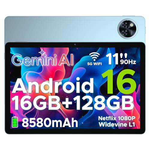 DOOGEE U11 Android 16 Tablet 11 Zoll Gemini AI 16GB RAM +128GB ROM (2TB TF), 8580mAh Gaming Tablet Unisoc T7200 Octa-Core, Widevine L1+13MP+5MP Tablets PC, 2.4G+5G WLAN GMS/3.5mm Audio/OTG/GPS/Face ID