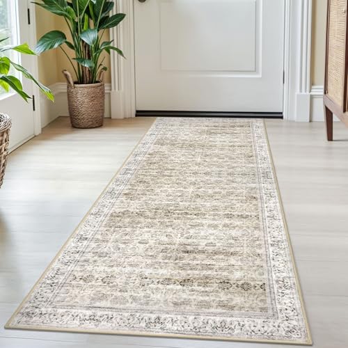 2x5 Washable Small Area Rug for Door mat Indoor, Beige Yellow White Soft Non-Slip Distressed Floral Low-Pile Kitchen Rugs, Neutral Vintage Carpet for Entrance Farmhouse
