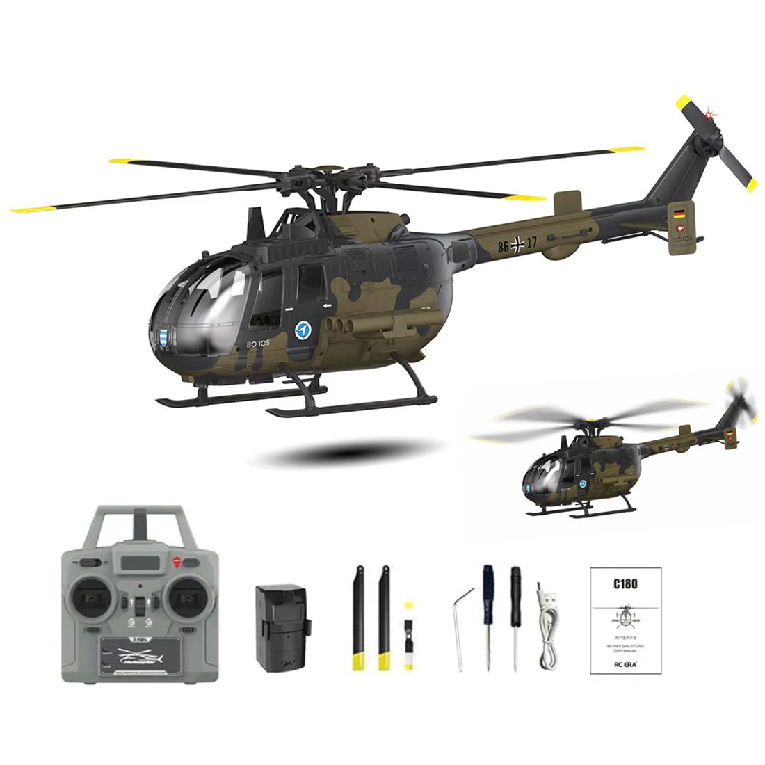 RCXTechPro RC-ERA C180 RC Helicopter For Adults, 1:25 RTF 6CH 2.4GHz Remote Control Helicopter With Altitude Hold &Optical Flow Positioning Brushless Motor, Multi Speed Modes-1 Battery