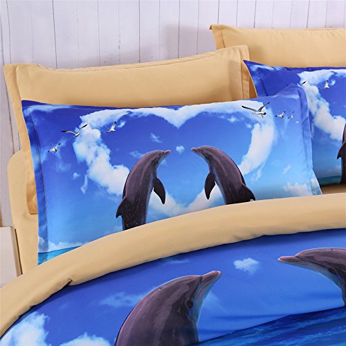 Esydream King Size Dolphin Ocean Print Bedding Sets,4Pc Sets Queen Size Ocean Beach Dolphin Duvet Cover (No Comforter),Twin Size #TOP3
