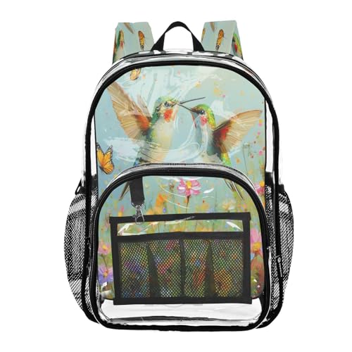 Hummingbirds Wildflowers Clear Backpack - Stadium Approved Large 15.7-inch Waterproof Transparent Bag for Sports, Concerts, Work, Travel#198