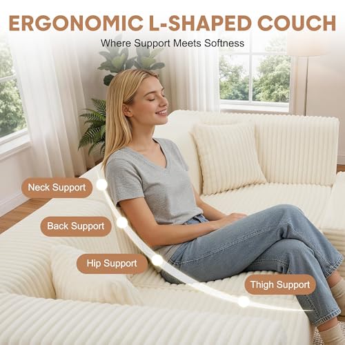 Korser 100" L-Shaped Boneless Couches with Chaise, Modular Sectional Sofa with Deep Seat, Cloud Sectional Couch for Living Room Bedroom, No Assembly Required, Side Pockets, Memory Foam, Beige - image 3