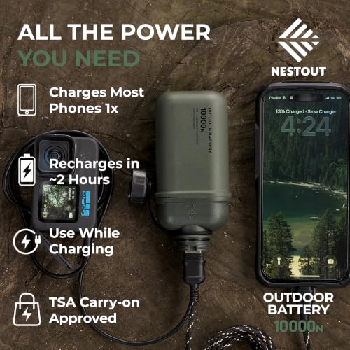 Image of NESTOUT Rugged Power Bank, 10000mAh Outdoor Battery Charger, 20W USB-C Fast Charging PD, Waterproof IP67, Durable Shockproof, Battery Pack for iPhone Hiking Travel Camping (Olive Green, 10000mAh)