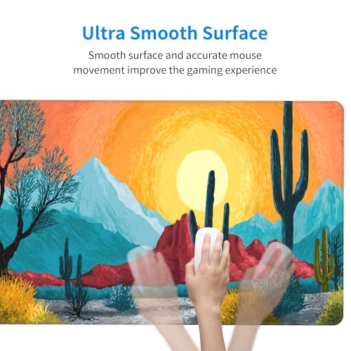 Image of Sunset Cactus Mountain Extended Gaming Mouse Pad, with Stitched Edges Large Mouse Pad Desk Protector, Rubber Base Mousepad Keyboard Mouses Mat for Work Game Office Home- 32 inch X 12 inch Inch,E644