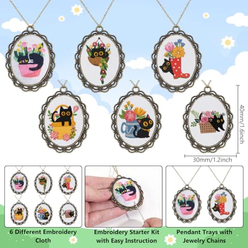 Image of INFUNLY 6 Set Retro Embroidery Pendant Kit for Beginner Cat Plant DIY Embroidery Stitching Necklace Mini Embroidery Stitch Kit Sewing Jewelry Kits with Hoop Instructions for Adults Art Gifts Hanging