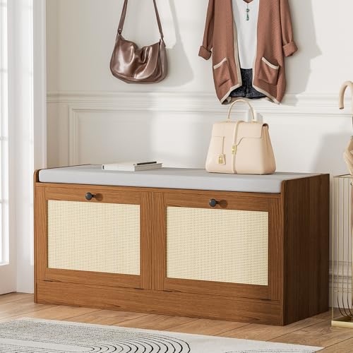 MHOM Rattan Shoe Bench with Storage and Cushion